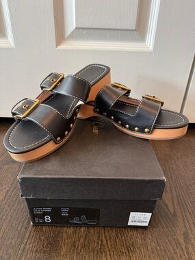 J. Crew Black Leather Double-Buckle Wood-Effect Slide Sandals. Dr Scholl style